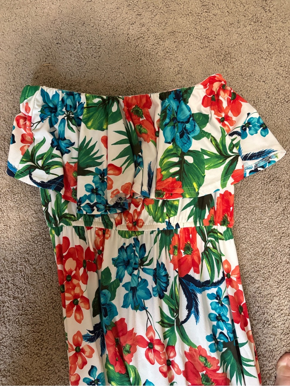 Off-Shoulder Tropical Floral Maxi Dress - Red, Blue & Green